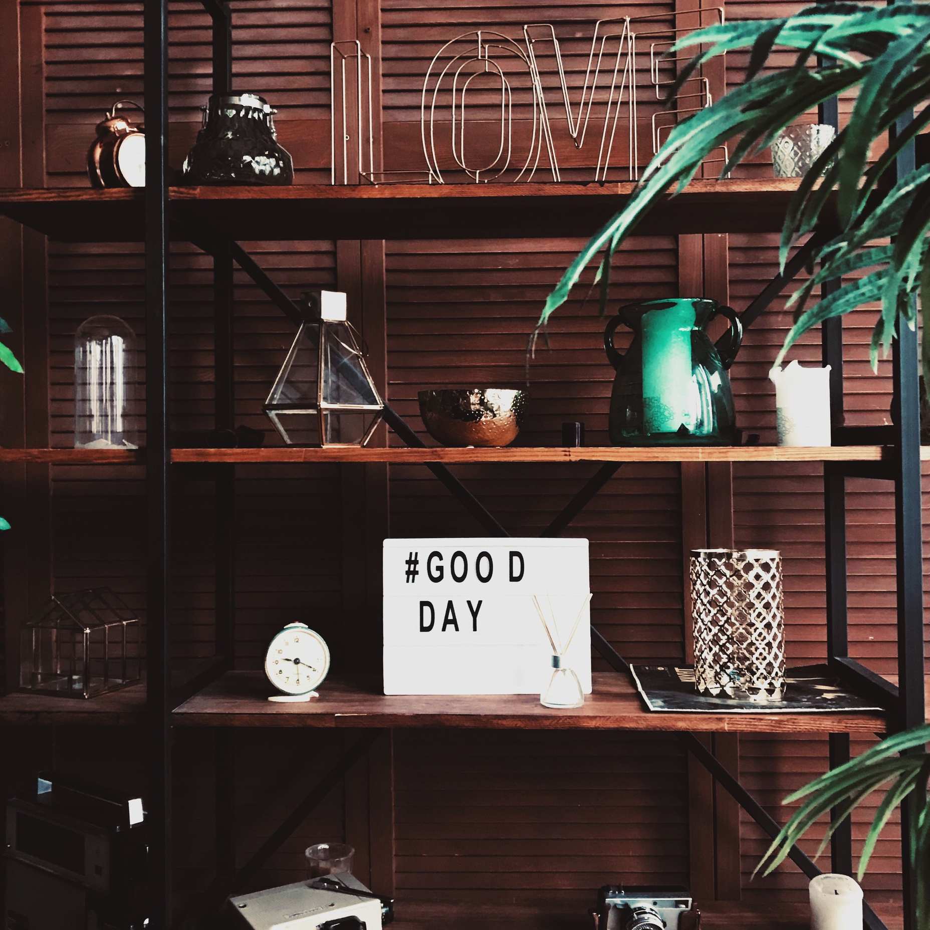 Interior shelf rack with storage boxes and labeled tag