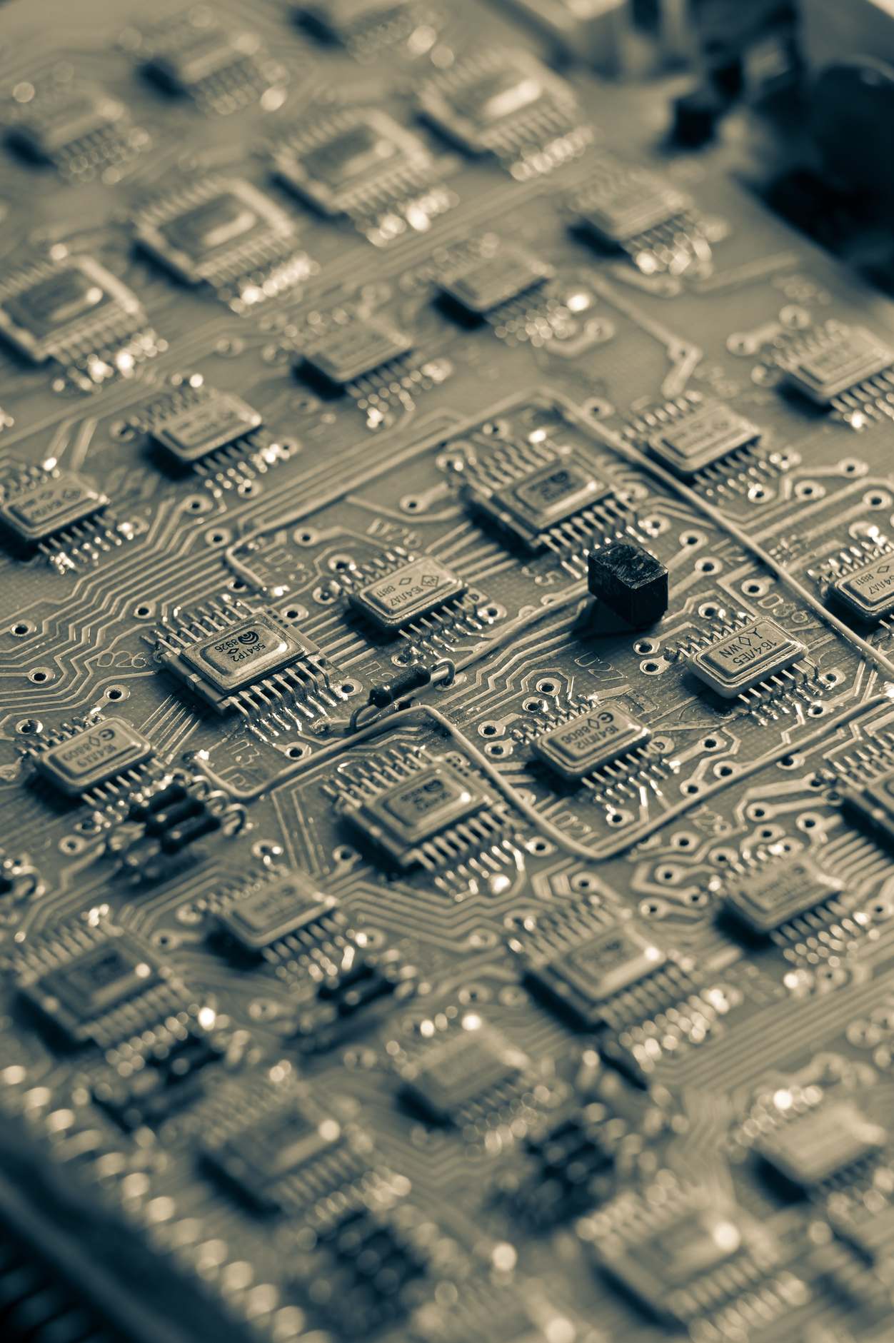 Close view of circuit board connectors and microchip electronic patterns